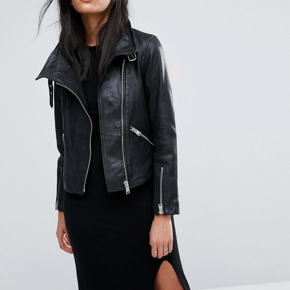 All Saints Lewin Leather Biker Jacket in Black, Size US 4 Small